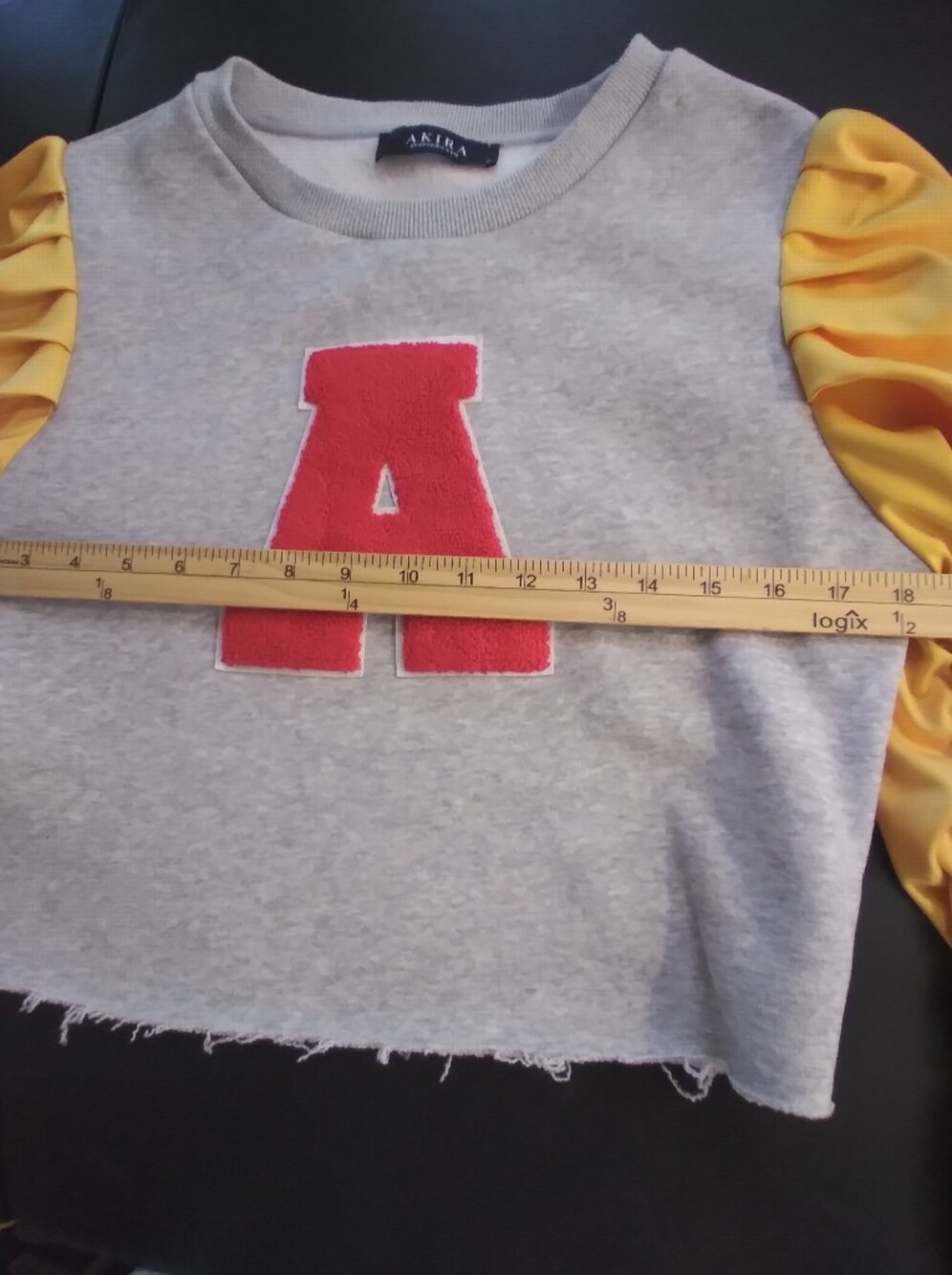 Akira  Brand Gray Cropped Sweatshirt with Red 'A' and Yellow Puff Sleeves Size M - Picture 11 of 11